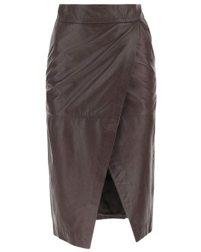 L'Autre Chose Ruched Leather Skirt - Brown