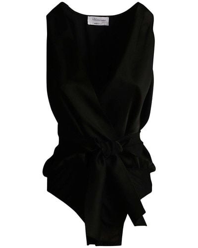 Blumarine Plunging V-neck Open Back Satin Bodysuit - Black