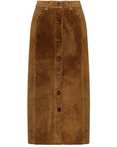 Golden Goose Golden Buttoned Pencil Skirt Suede Leather - Brown