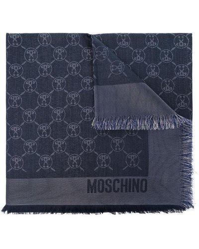 Moschino Logo Jacquard Fringed Scarf - Blue