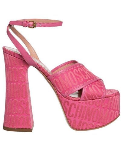 Moschino High Block Heel Logo Printed Platform Sandals - Pink