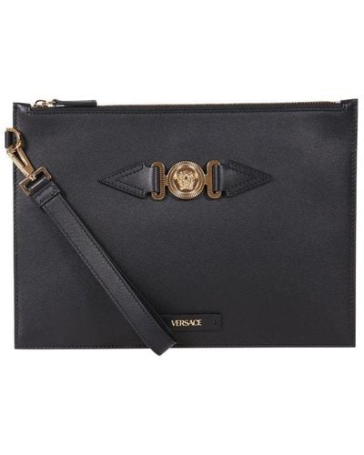 Versace Logo Plaque Zipped Clutch Bag - Grey