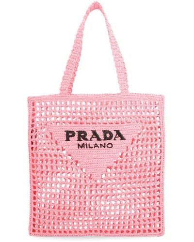 Prada Logo Embroidered Woven Tote Bag - Pink