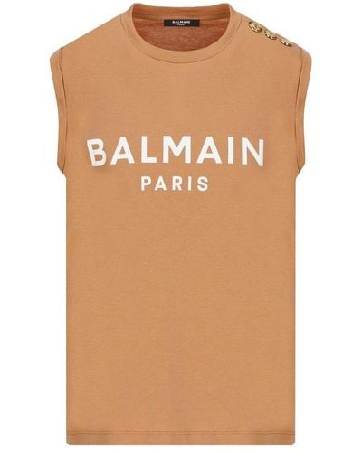 Balmain Logo Printed Sleeveless Tank Top - Natural