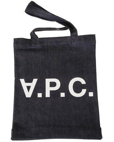 A.P.C. Logo Printed Denim Tote Bag - Black
