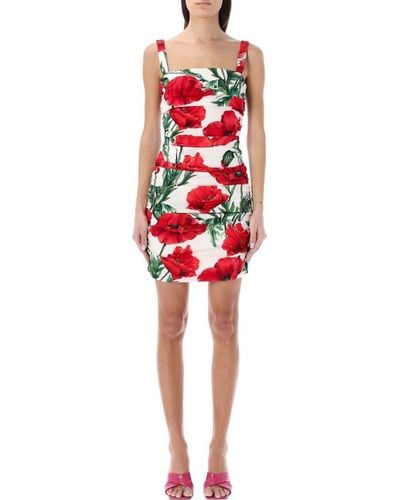 Dolce & Gabbana Charmeuse Mini Dress With Poppy Print - Red