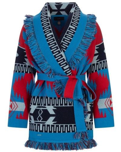 Alanui Cardigan In Blue And Red Cashmere With Fringes