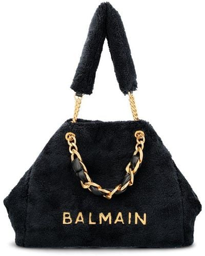 Balmain Logo Plaque Fluffy Tote Bag - Black
