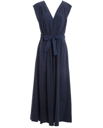Malo V-neck Belted Sleeveless Dress - Blue