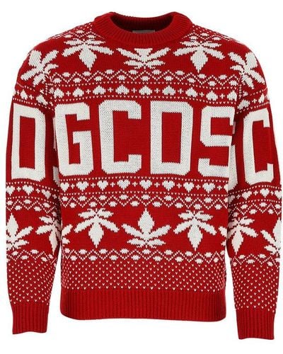 Gcds Christmas Logo Intarsia Crewneck Sweater - Red