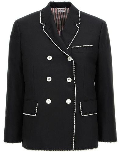 Thom Browne Contrast Trim Double Breasted Sport Coat - Black