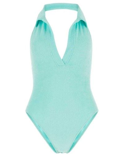 Lisa Marie Fernandez Polo Maillot Terry-cloth V-neck Swimsuit - Blue