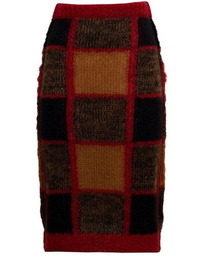 Marni Patchwork Check Wool Pencil Skirt - Red