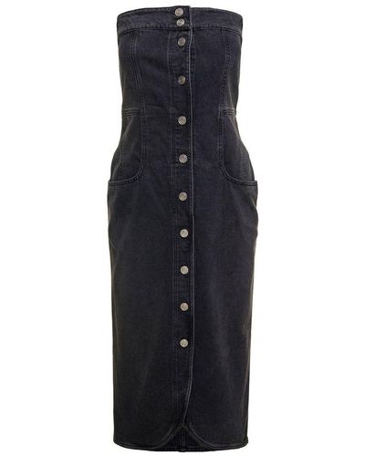 Isabel Marant Dark Grey Strapless Midi Dress With Branded Buttons In Cotton Denim Woman - Blue
