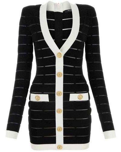 Balmain Button-embellishment V-neck Knitted Mini Dress - Black
