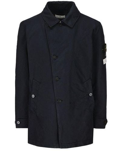 Stone Island Compass-patch Long-sleeved Button-up Coat - Blue