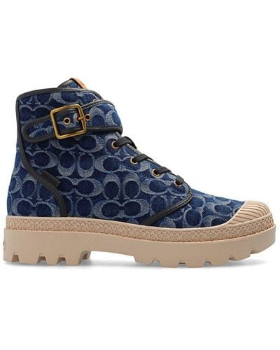 COACH Trooper Buckled Monogram Pattern Lace-up Boots - Blue
