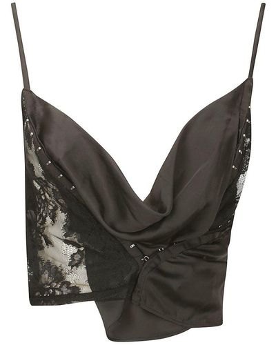 Y. Project Sheer-lace Low Back Draped Top - Black