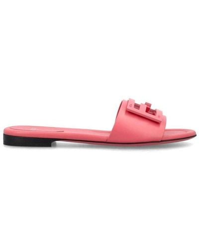 Fendi Logo Leather Slide Sandals - Pink