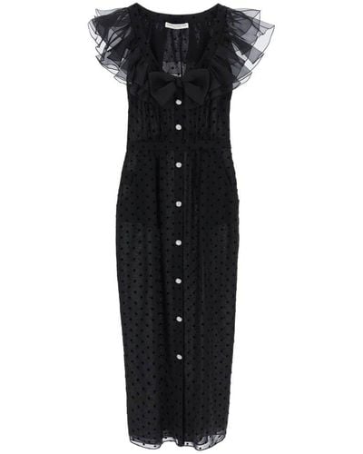 Alessandra Rich Flocked Polka Dot Sleeveless Maxi Dress - Black