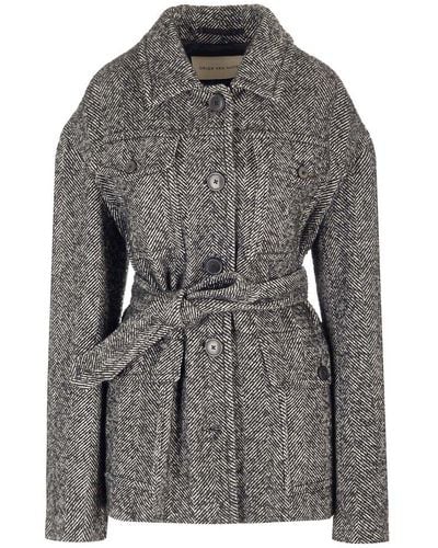 Dries Van Noten Belted Tweed Coat - Gray