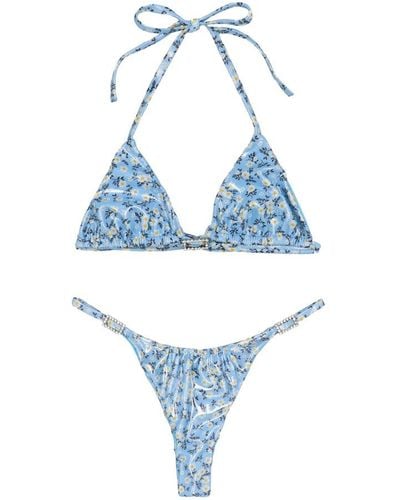Alessandra Rich Floral Print Laminated Bikini - Blue