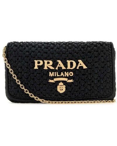 Prada Logo-embroidered Chain-linked Crochet Shoulder Bag - Black