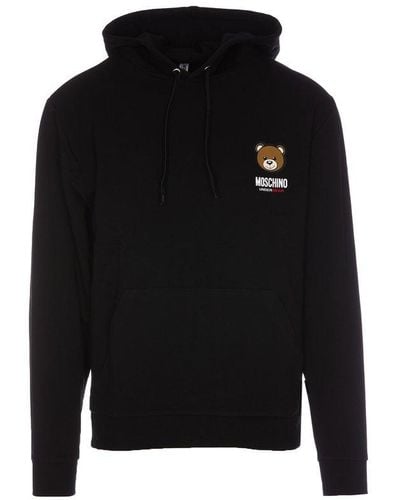 Moschino Logo Teddy Bear Printed Drawstring Hoodie - Black