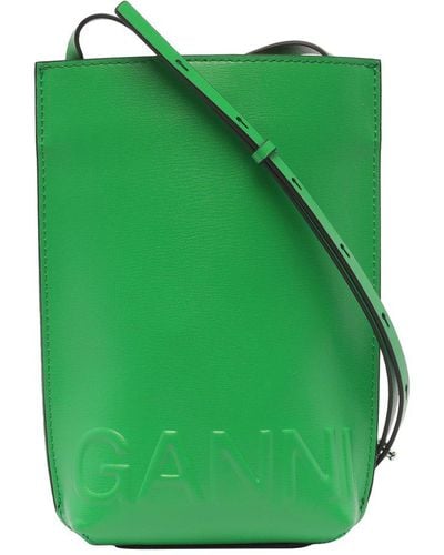 Ganni Logo Embossed Strapped Crossbody Bag - Green