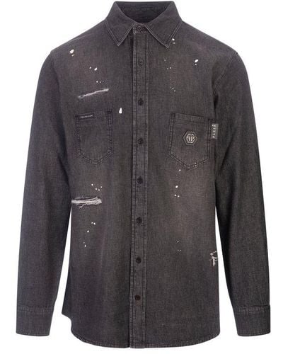 Philipp Plein Distressed Embellished Skull Denim Shirt - Grey