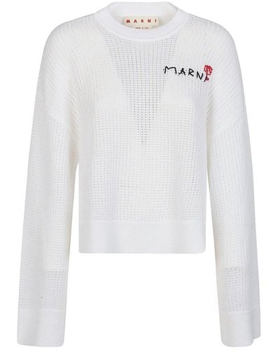 Marni Logo-embroidered Crewneck Open-knitted Jumper - White
