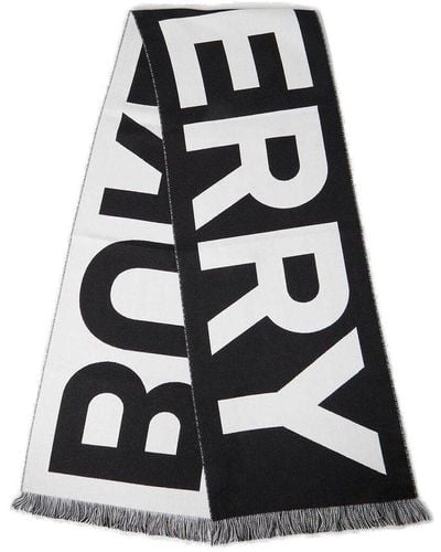 Burberry Logo Printed Fringed Scarf - Black