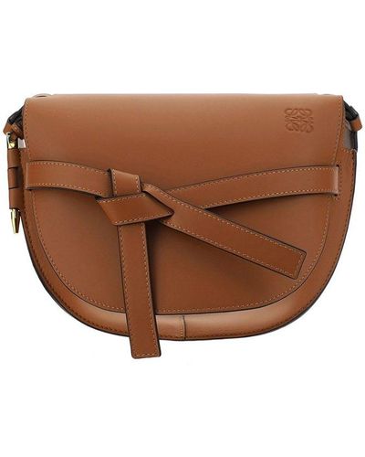 Loewe Small Gate Bag In Soft Calfskin And Jacquard Strap In Tan - Brown