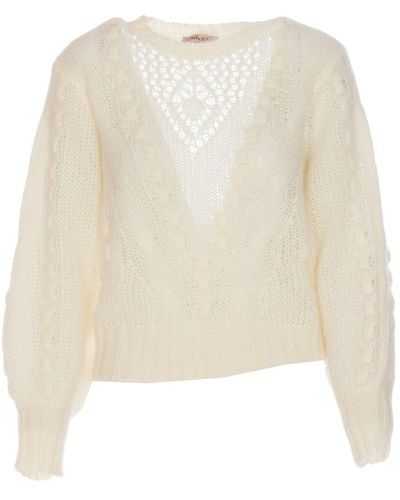 Twin Set Long Sleeved Open-knit Crewneck Sweater - White