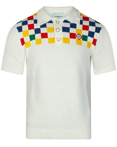 Casablancabrand Logo Patch Check Panelled Knitted Polo Shirt - White