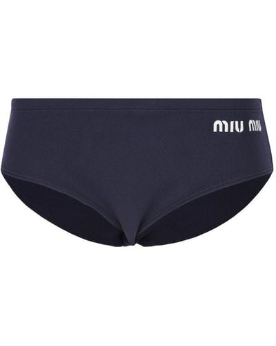 Miu Miu Logo-embroidered Stretched Bikini Bottoms - Blue