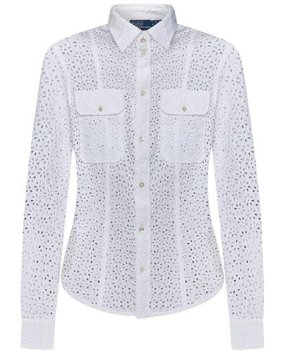 Polo Ralph Lauren Floral Embroidered Curved Hem Shirt - White