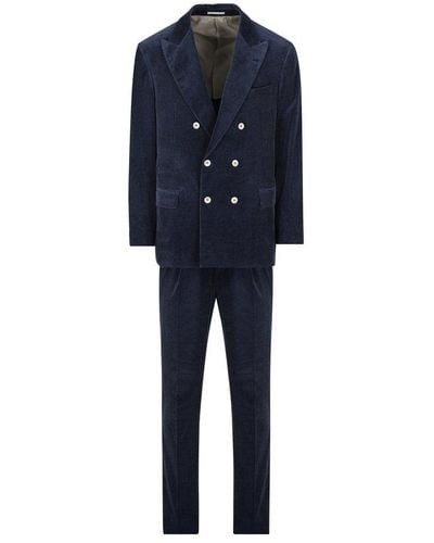 Brunello Cucinelli Double-breasted Pleated Tailored Suit - Blue