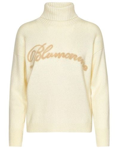 Blumarine Logo Embroidered Turtleneck Sweater - Natural
