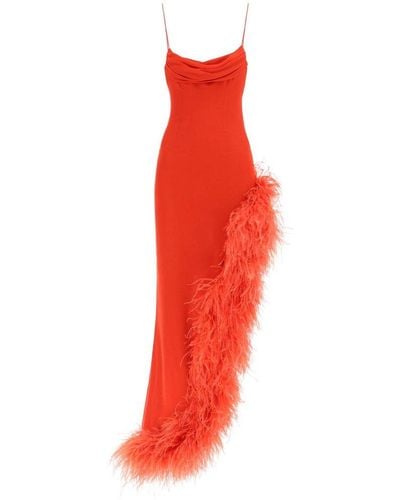 Alessandra Rich Silk Evening Dress With Feathers - Red