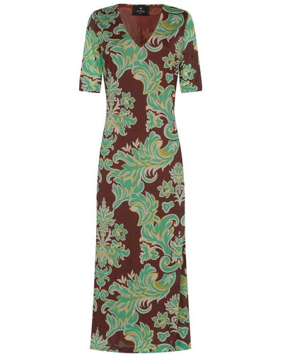 Etro Floral Printed V-neck Maxi Dress - Green