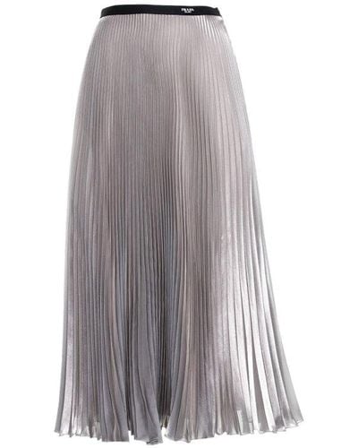 Prada Logo Waistband Pleated Midi Skirt - Grey