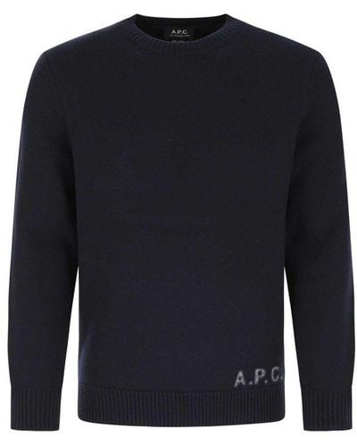 A.P.C. Logo-embroidered Crewneck Knitted Sweater - Blue