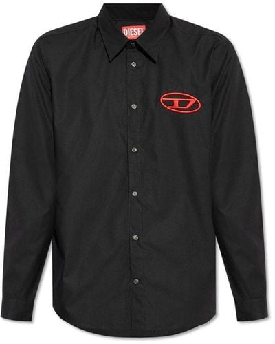 DIESEL Logo Embroidered Long-sleeved Shirt - Black