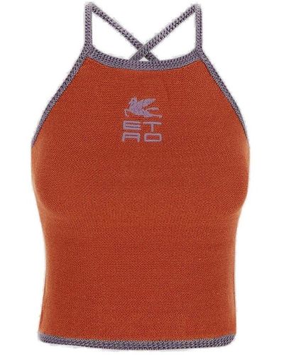 Etro Logo Embroidered Scoop Neck Knit Tank Top - Orange