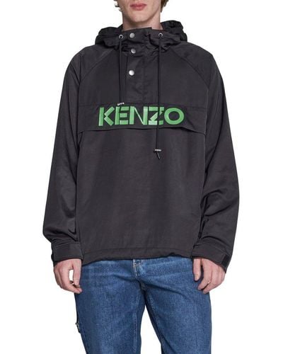 KENZO Logo Printed Drawstring Hoodie - Black