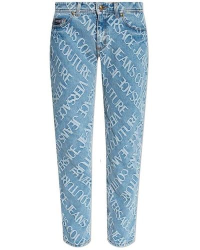 Versace Allover Logo Print Straight-leg Jeans - Blue