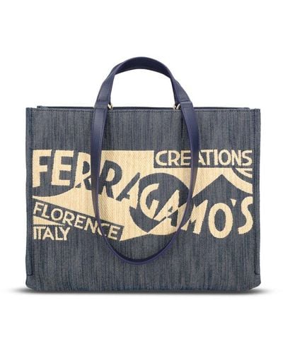 Ferragamo Logo Detailed Medium Tote Bags - Blue