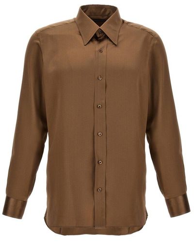 Tom Ford Curved Hem Buttoned Satin Shirt - Brown