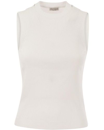 Brunello Cucinelli Ribbed Cotton Jersey Top With Monile - White